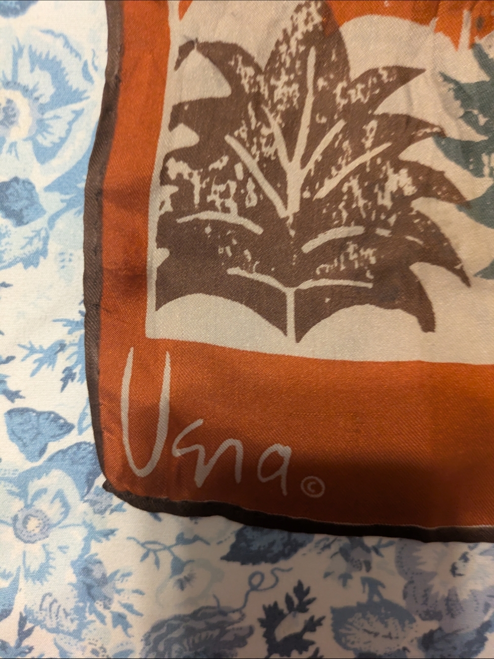 Silk Leaf Print Scarf in Rust and Green - Picture 2 of 2